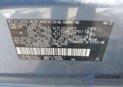 2012 Toyota Rav4 z USA, uszkodzony, nr VIN 2T3JF4DV0CW230556